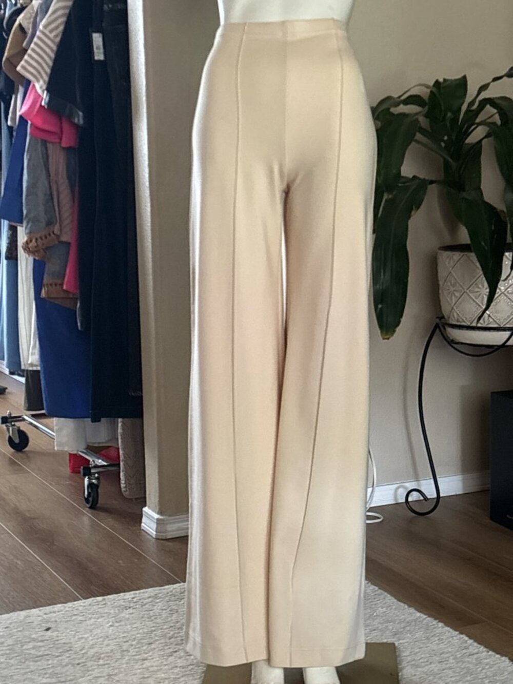 Elan Scuba Pants Womens Size XS Beige Wide Leg High Rise Flare Pull On Knit